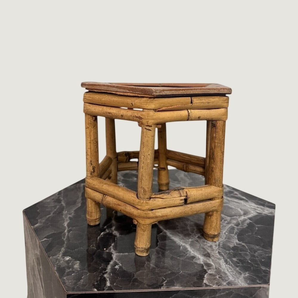 Vintage Hexagonal Bamboo Plant Stand Pedestal Riser Rattan Boho Decor 7"